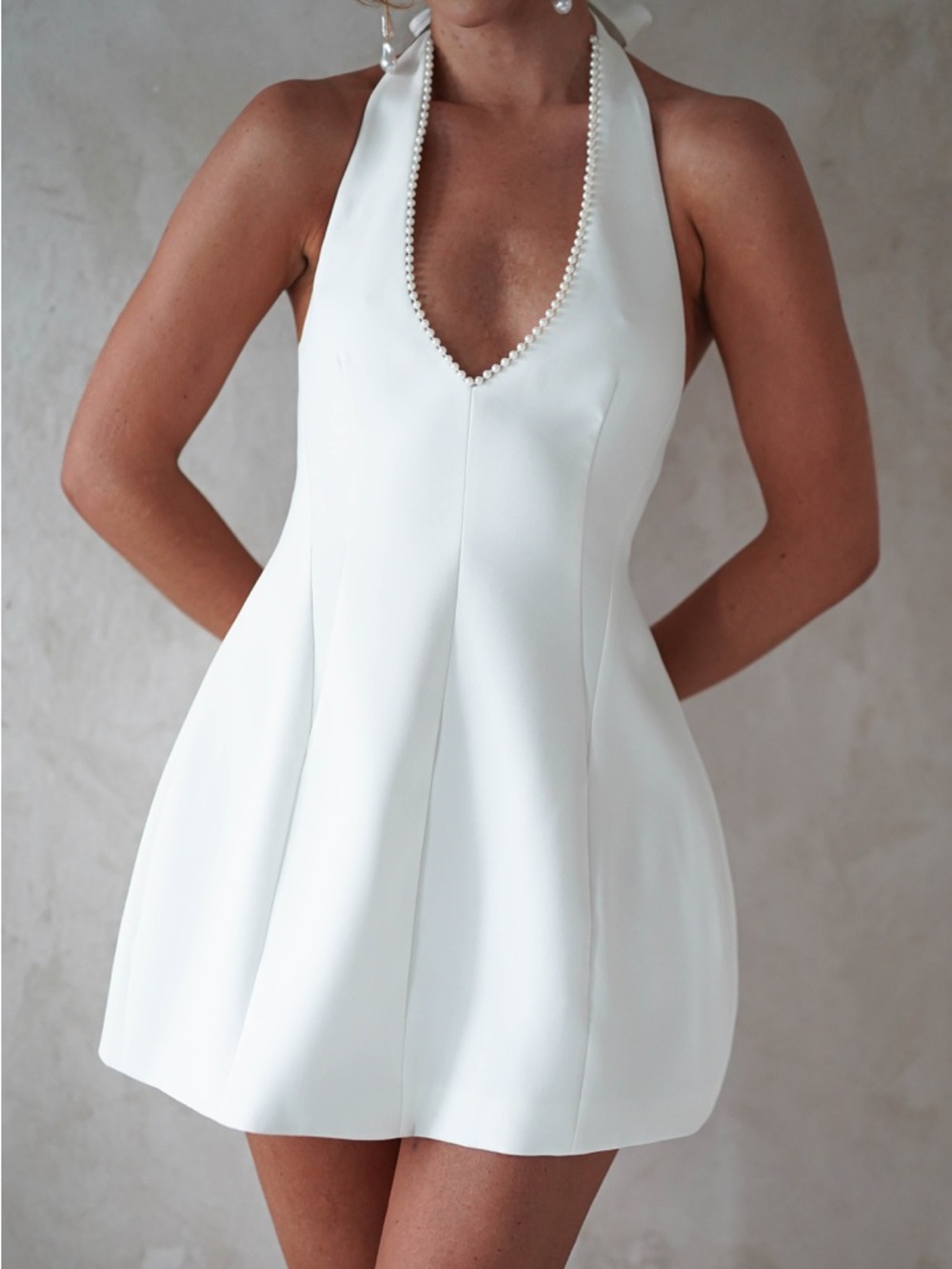 Halter Neck White Mini Dress with Pearl Trim